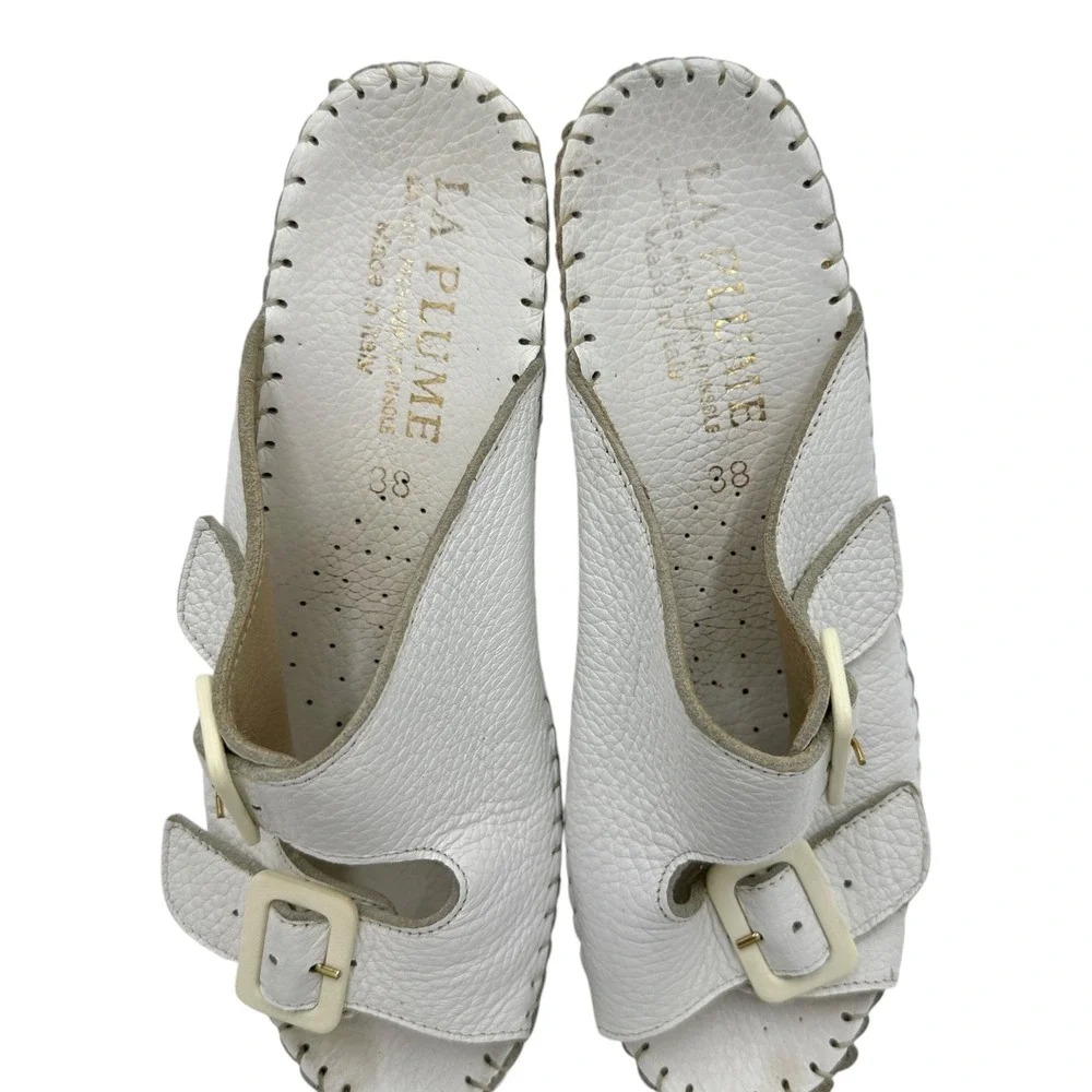 La Plume Jen White Leather Wedge Comfort Slide Sandals EUC Women's US 7.5 EU 38
